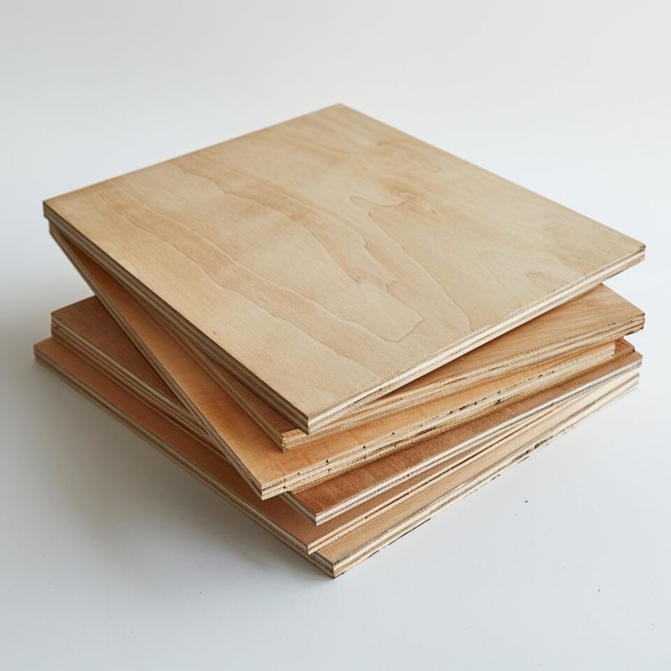 Skládané překližkové desky na bílém pozadí.