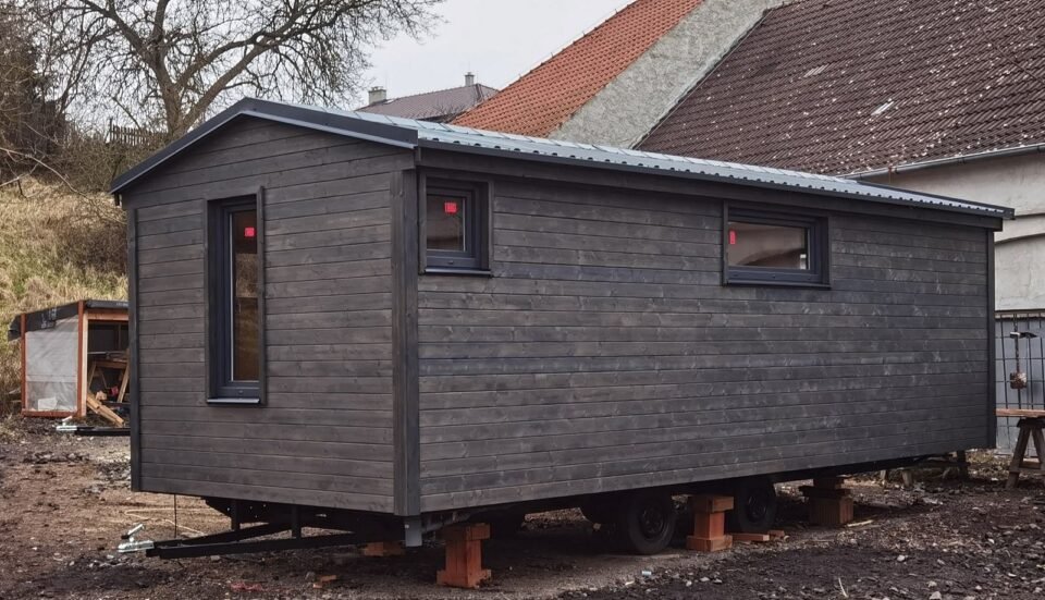 Moderní malý dřevěný domek na kolečkách