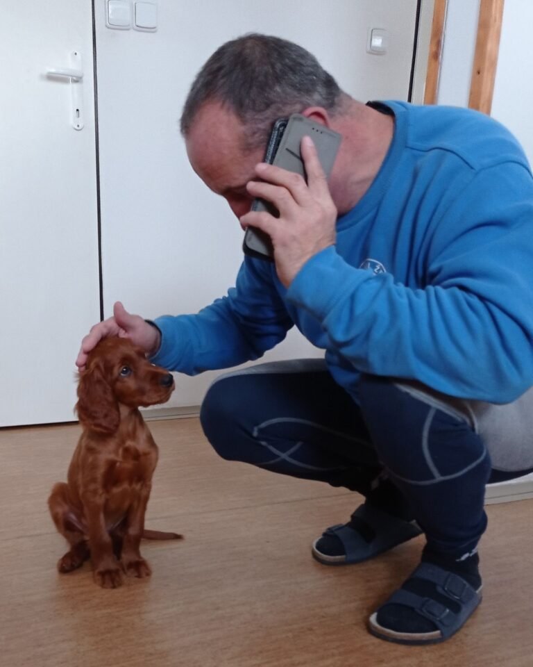 Muž telefonuje a hladí štěně.